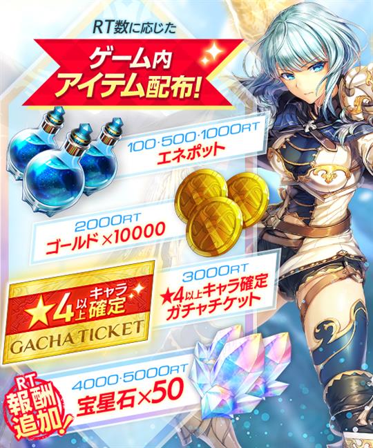 「UNITIA 神託の使徒×終焉の女神」事前登録のリツイート報酬を本日追加 ★4以上キャラ確定ガチャチケット報酬は達成